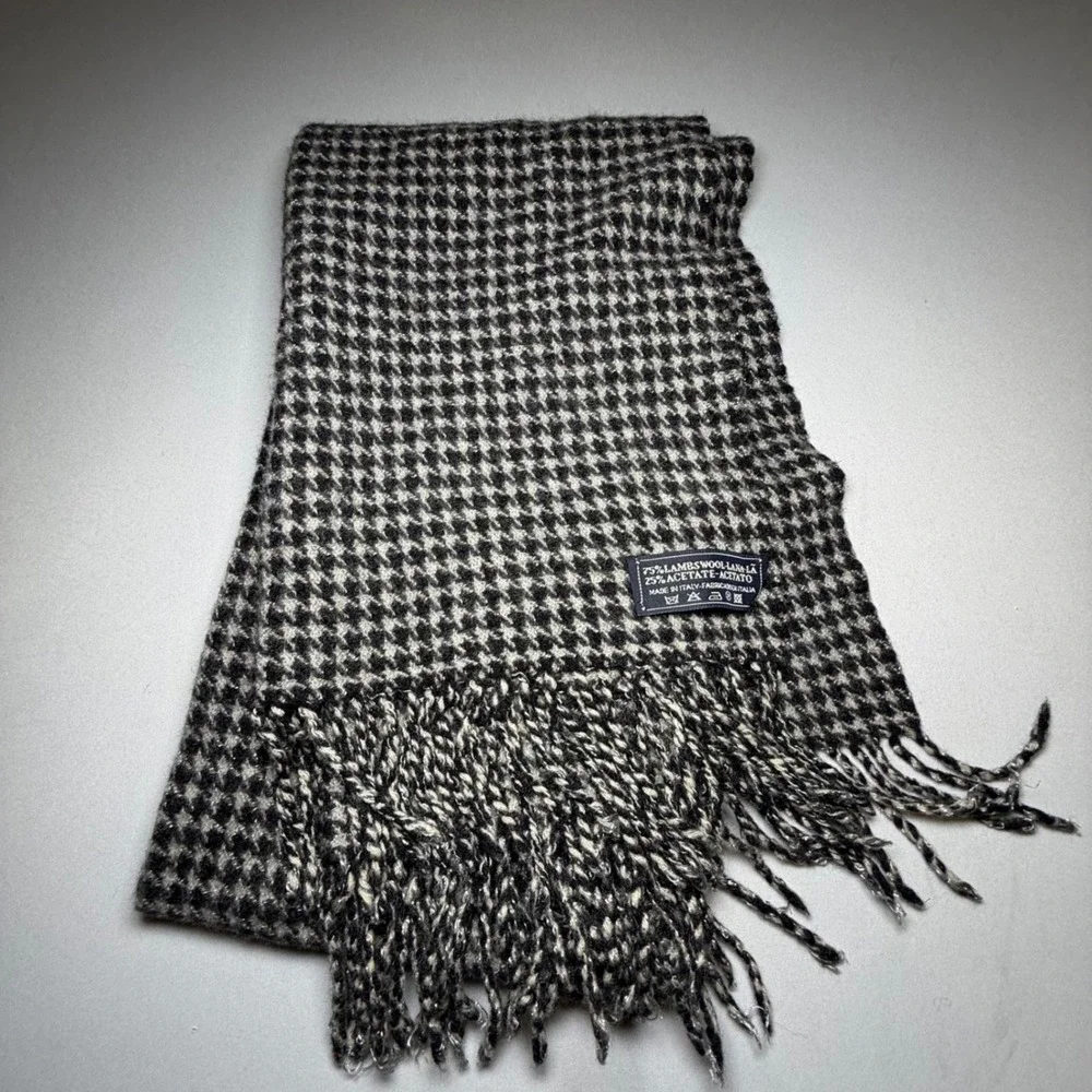 Italian Lambswool Scarf Houndstooth Black Grey Blend Made in Italy